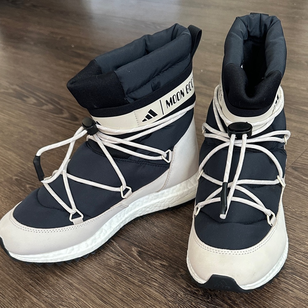 Women's Black and Cream Adidas Moon Boots